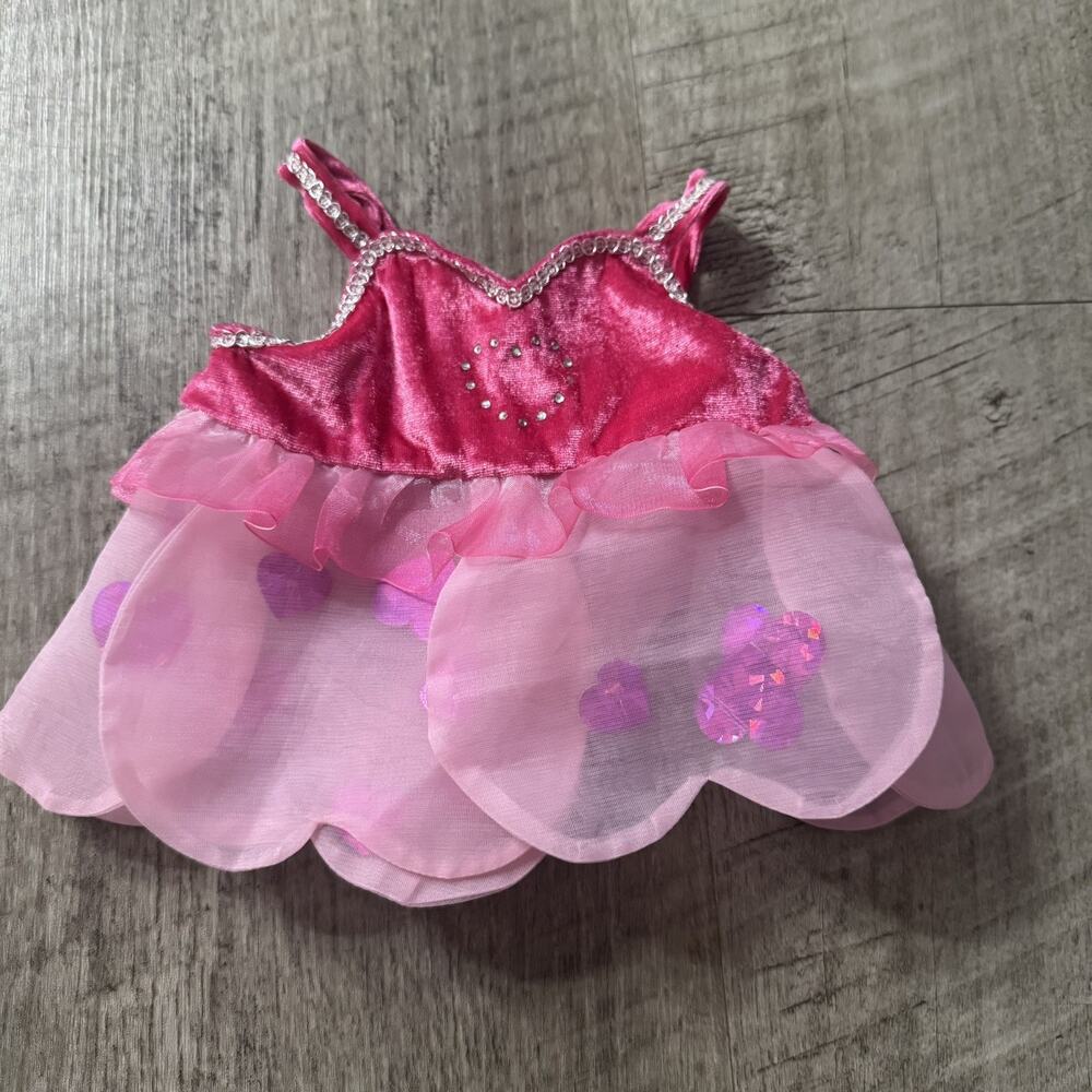 Build a Bear Pink Velvet Sequin Heart Petal Tutu Dress Iridescent Rhinestone BAB